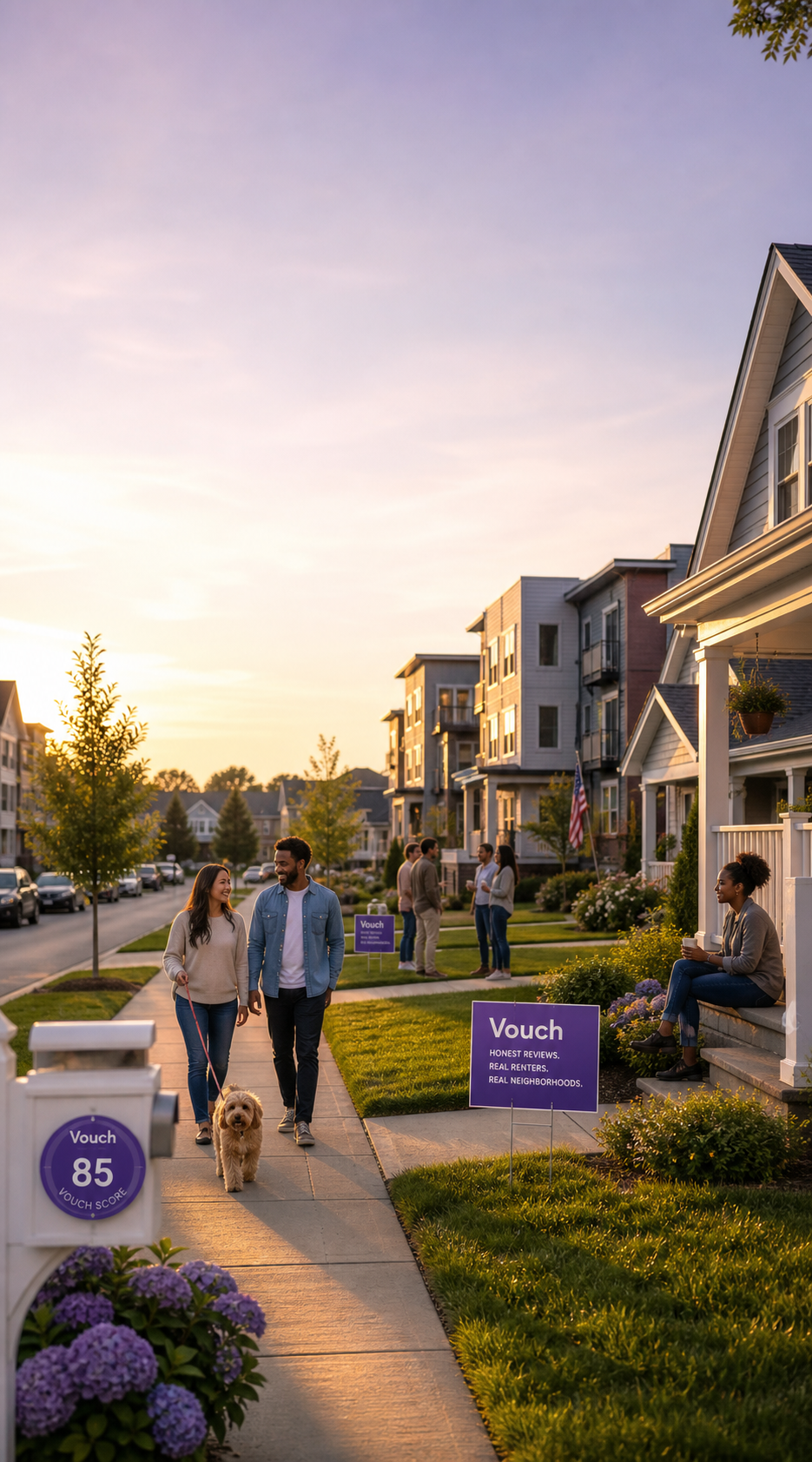 Renters on a neighborhood street with a Vouch yard sign and Vouch Score badge